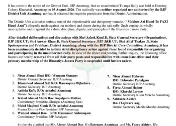 BJP Suspends 9 Anantnag Office Bearers Over ‘Unauthorized’ Tiranga Rally, Objectionable Slogans
