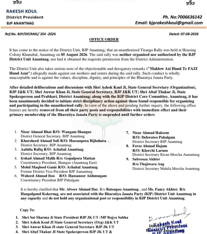 BJP Suspends 9 Anantnag Office Bearers Over ‘Unauthorized’ Tiranga Rally, Objectionable Slogans